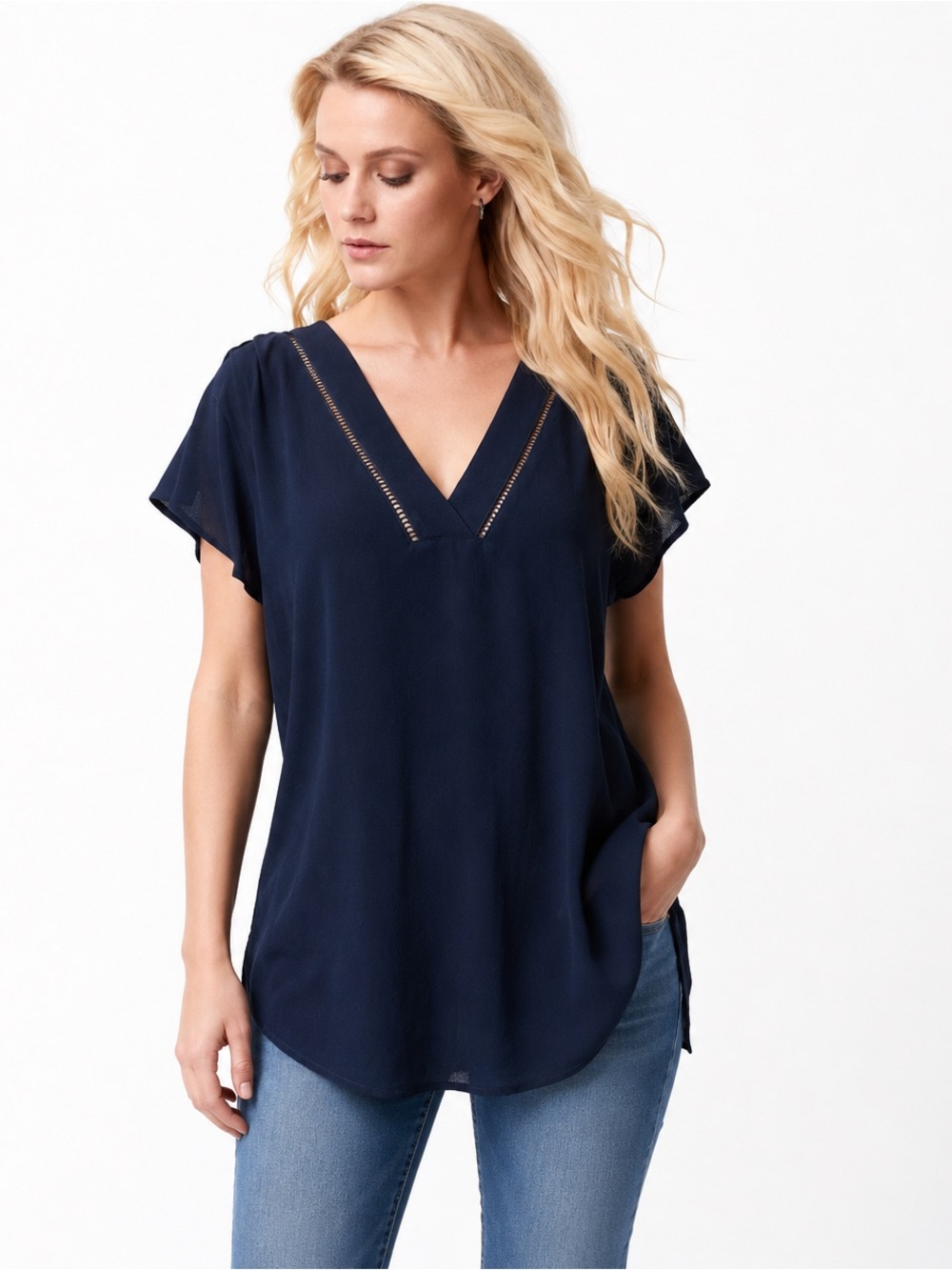 NWT Stitch Fix Blu Pepper Navy Ladder Lace V-Neck Blouse - L